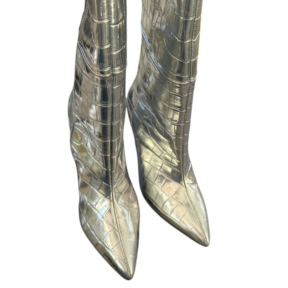 Black Suede Studio Tory Silver Croc Embossed Metallic Heel Leather Boot 35 - Picture 4 of 15
